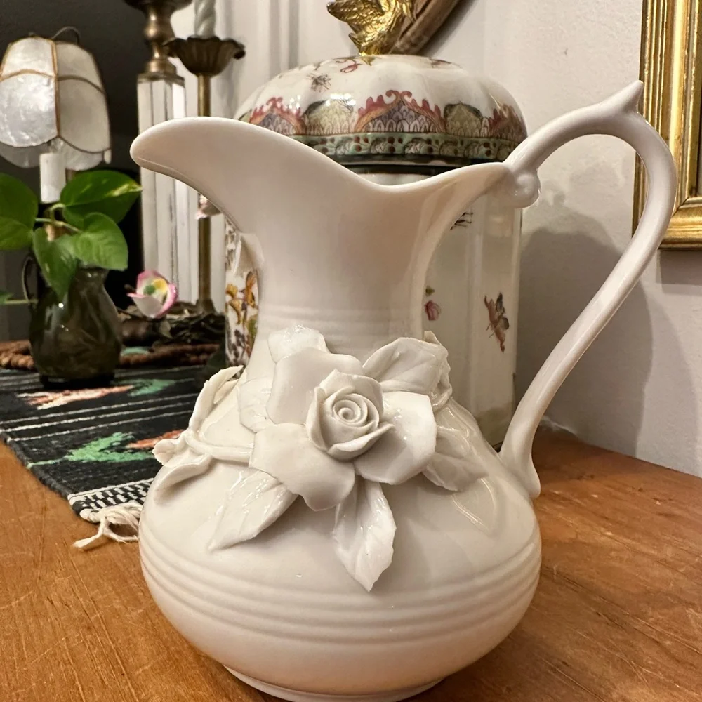 Vintage Porcelain Floral Pitcher - White Raised Rose Accent